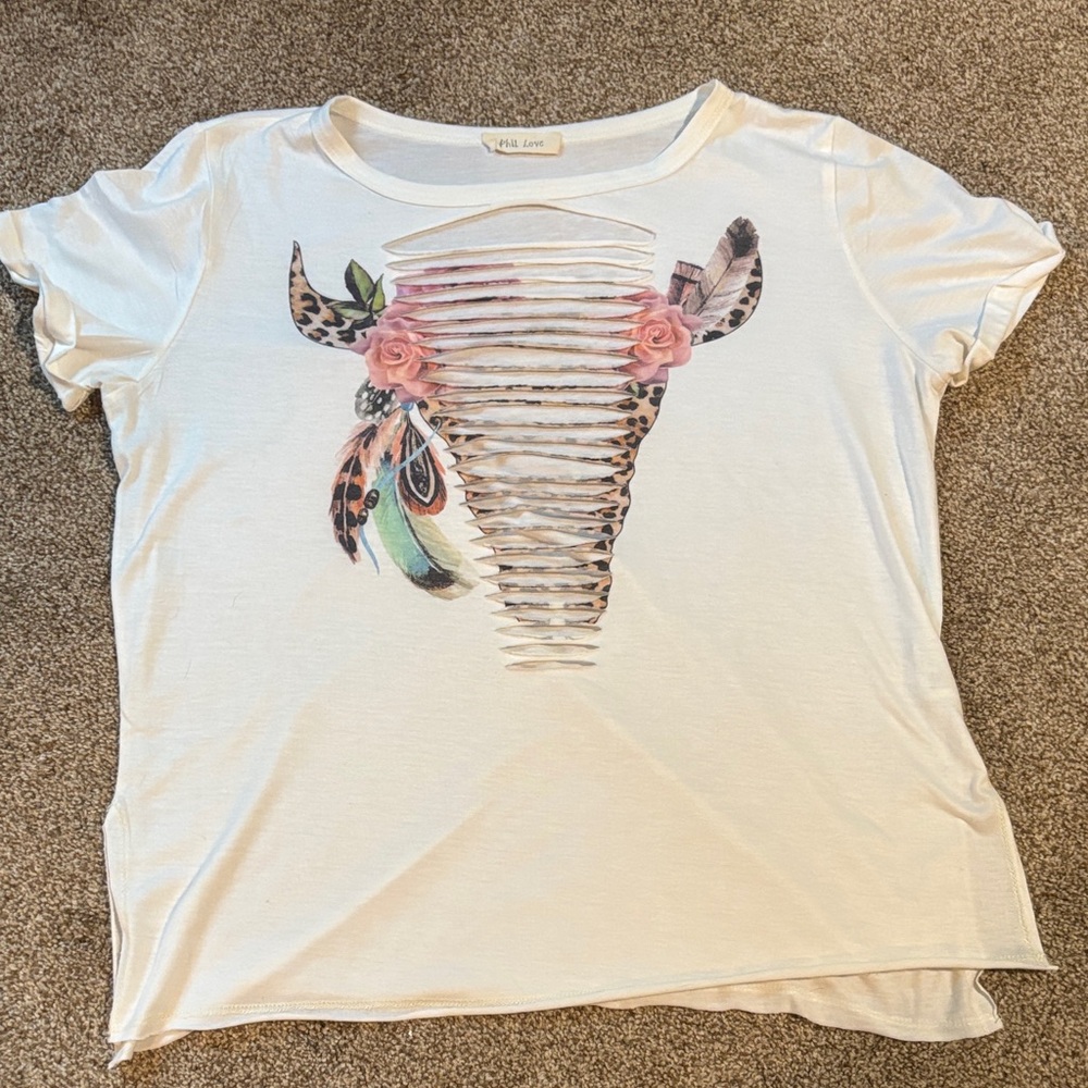 White Tee with Skull and Floral Design